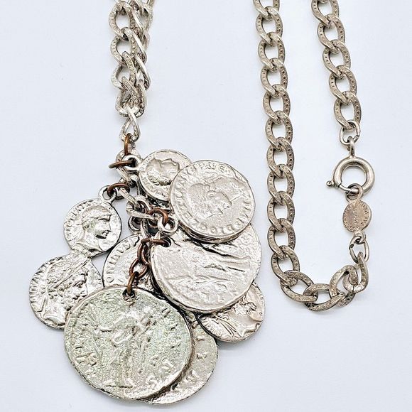 Accessocraft NYC Coin Necklace Vtg Old World Roman Textured Links Dangle Charm - Picture 3 of 11